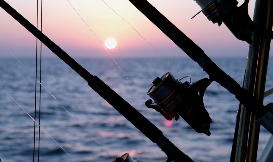 Fishing rods with the sun rising on the horizon