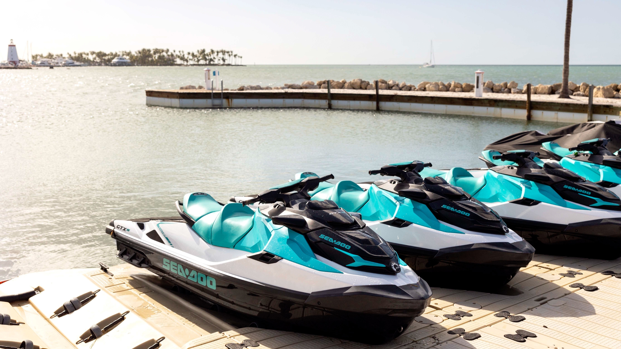 Jet Skis docked at Tranquility Bay Beachfront Resort, in the Florida Keys.