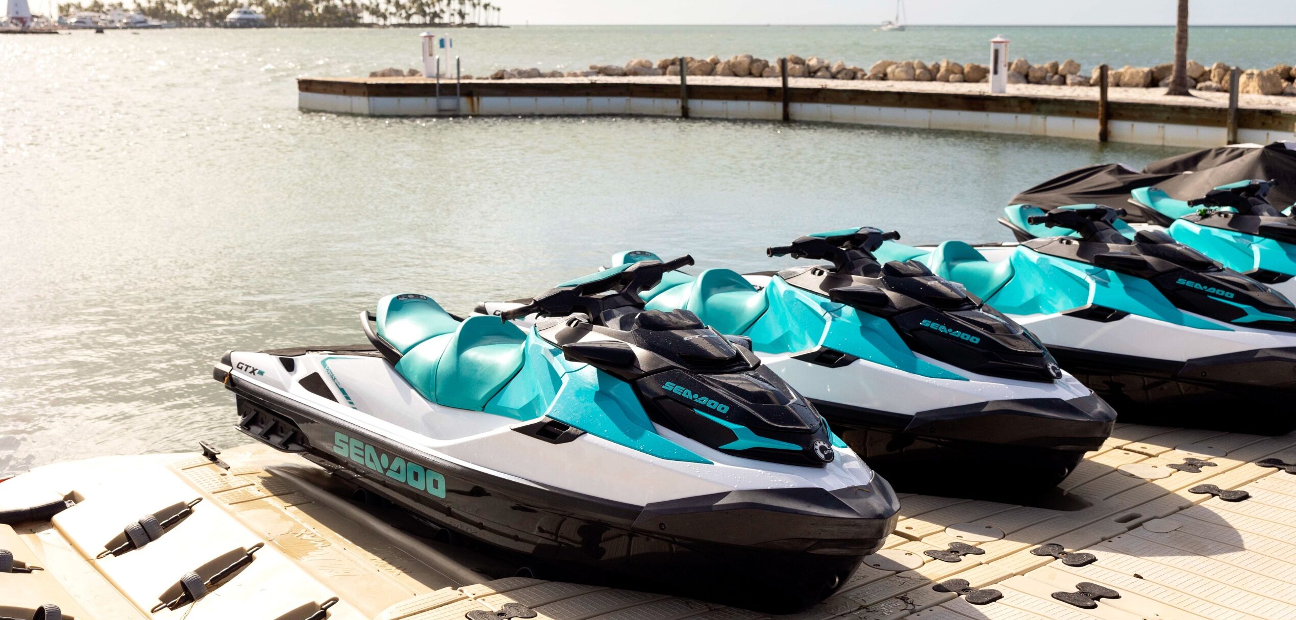 Jet Skis docked at Tranquility Bay Beachfront Resort, in the Florida Keys.