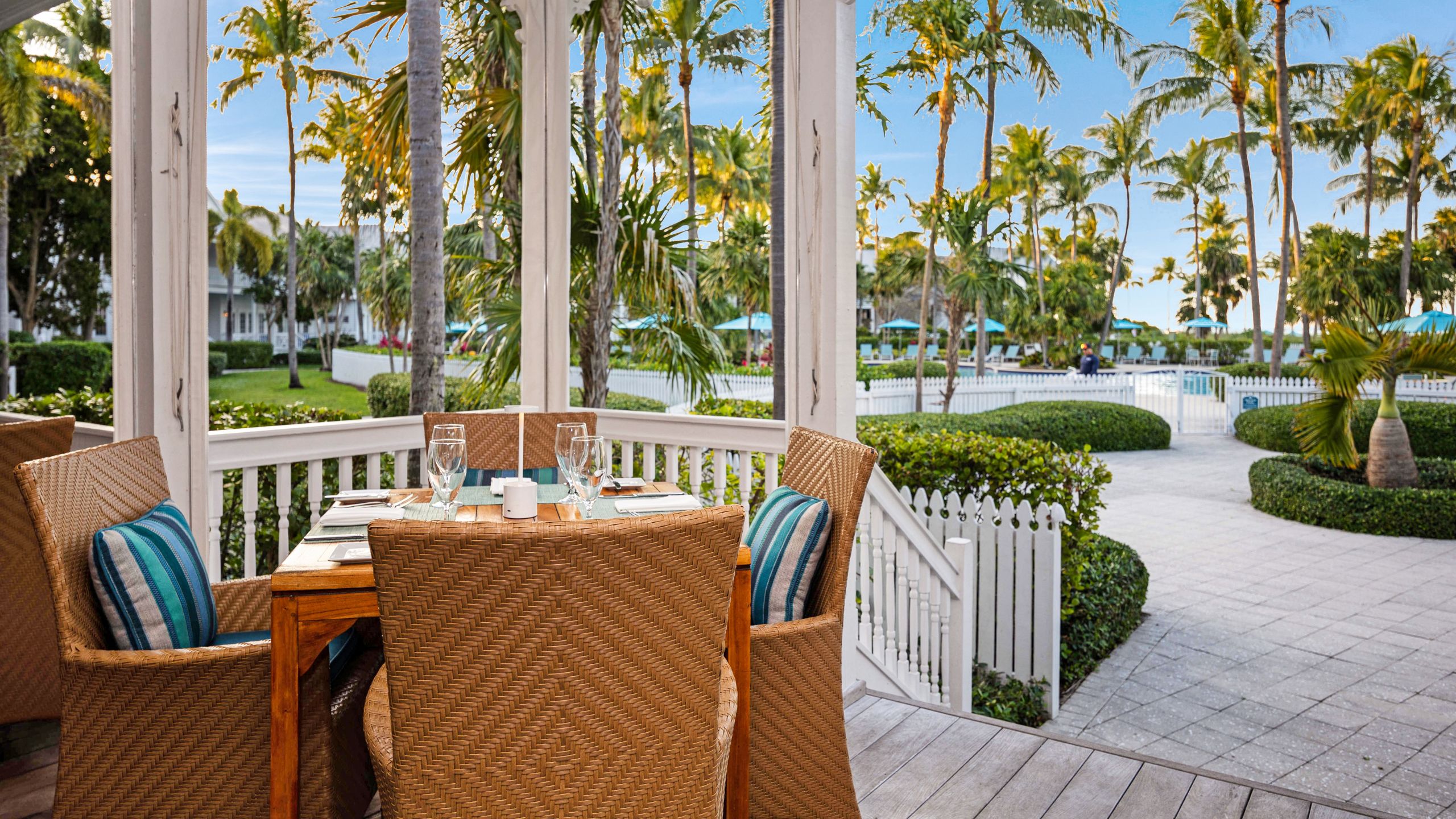 Outdoor seating at Butterfly Cafe at Tranquility Bay Beachfront Resort, in the Florida Keys.