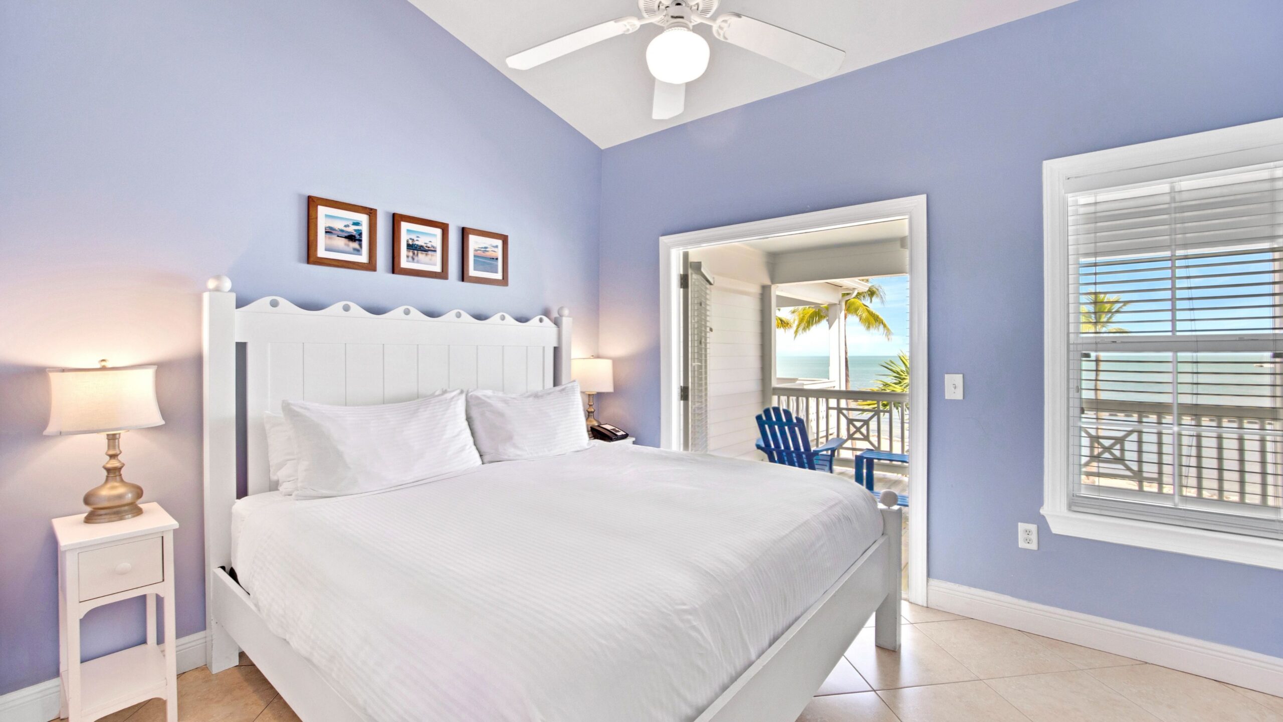 Primary king bedroom in a 2-Bedroom Beachfront Villa at Tranquility Bay Beachfront Resort, in the Florida Keys.