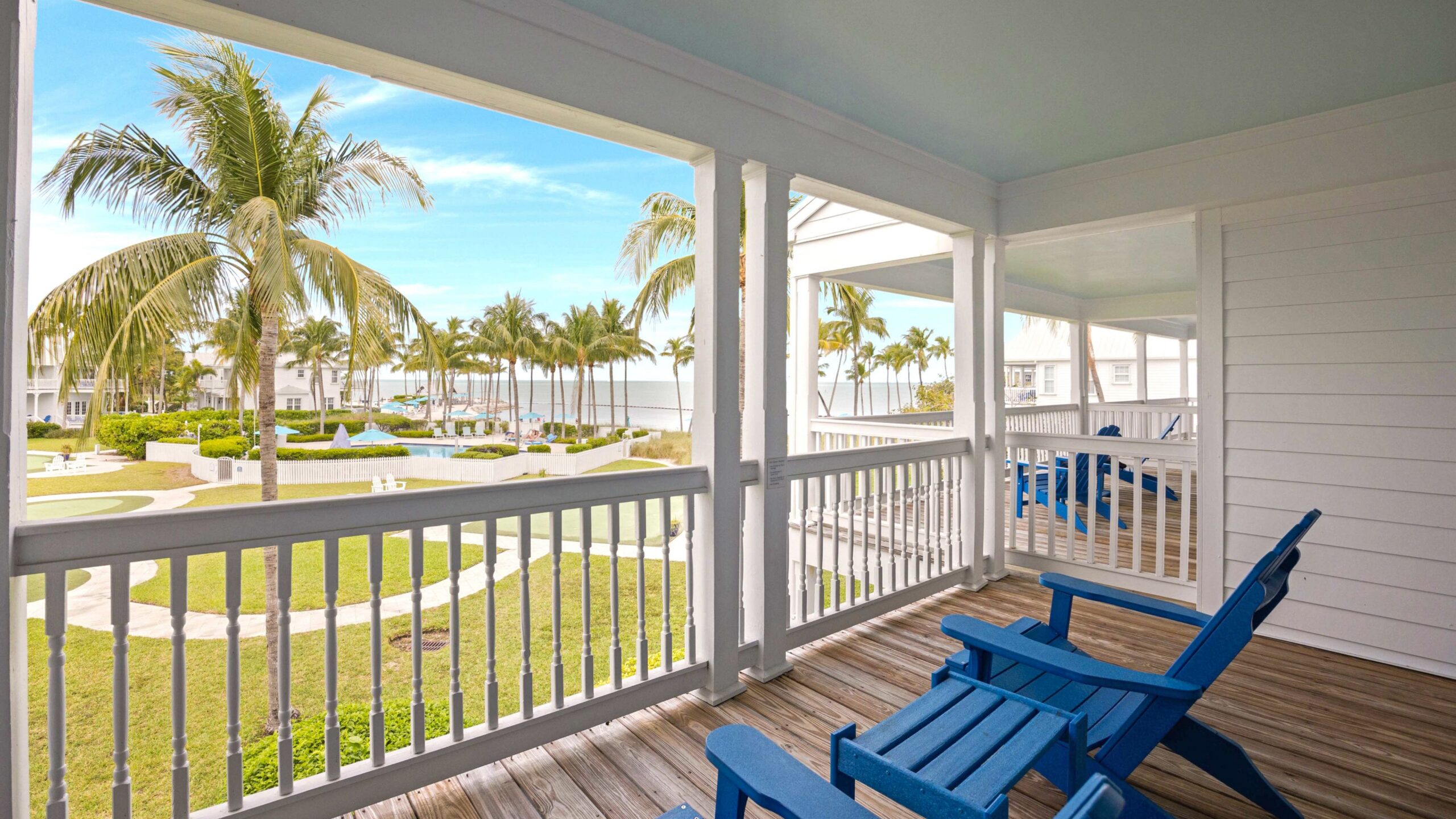 View form porch of the primary bedroom of the 2-bedroom water view villa
