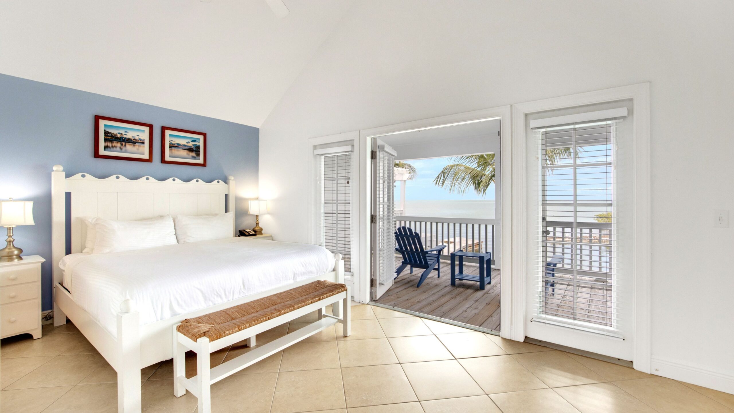 The king bedroom of a 3-Bedroom Waterfront Villa at Tranquility Bay Beachfront Resort, in the Florida Keys.