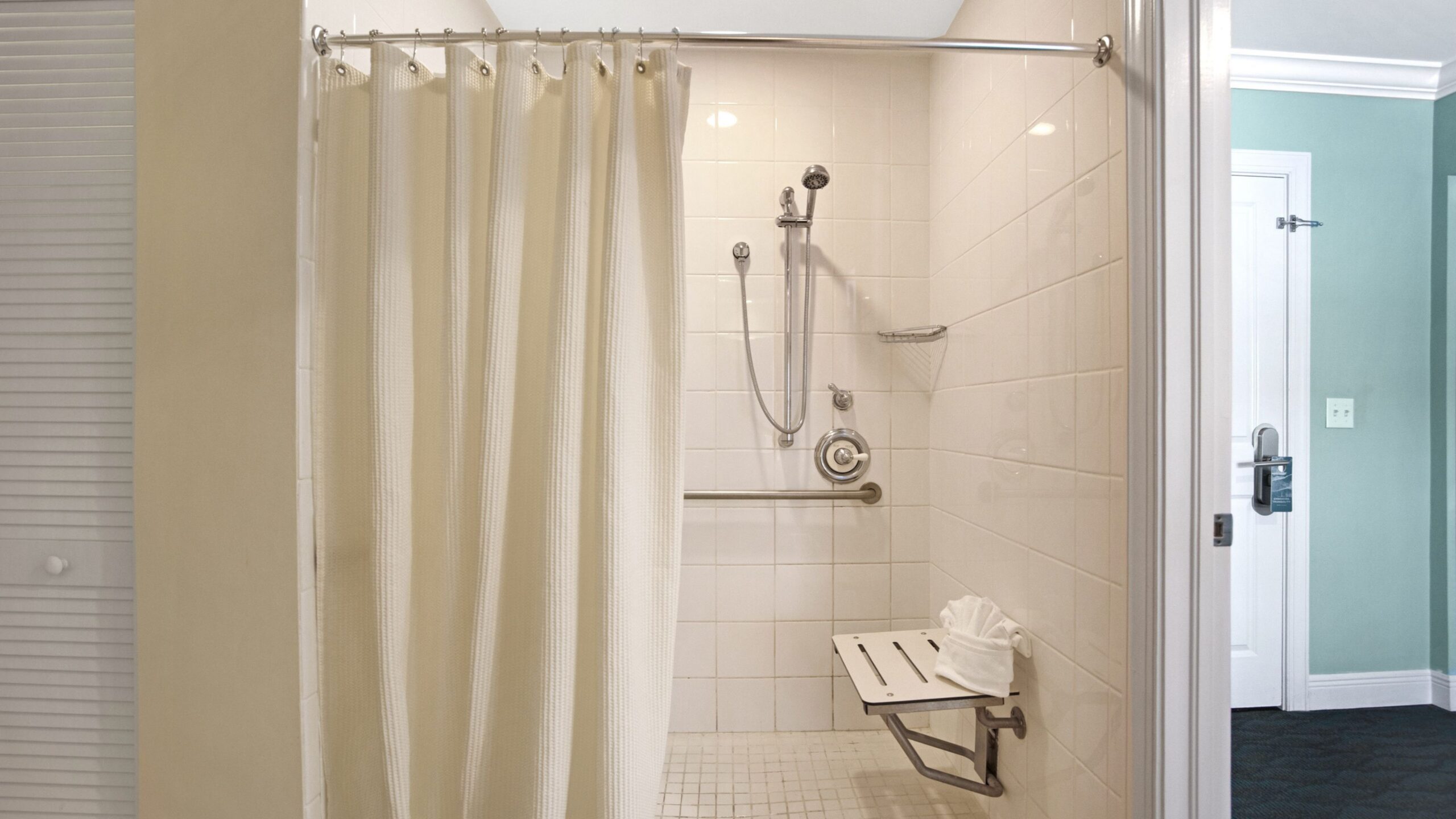 Bathroom of an Accessible Ground-Floor Tropical Garden King Hotel Room at Tranquility Bay Beachfront Resort, in the Florida Keys.