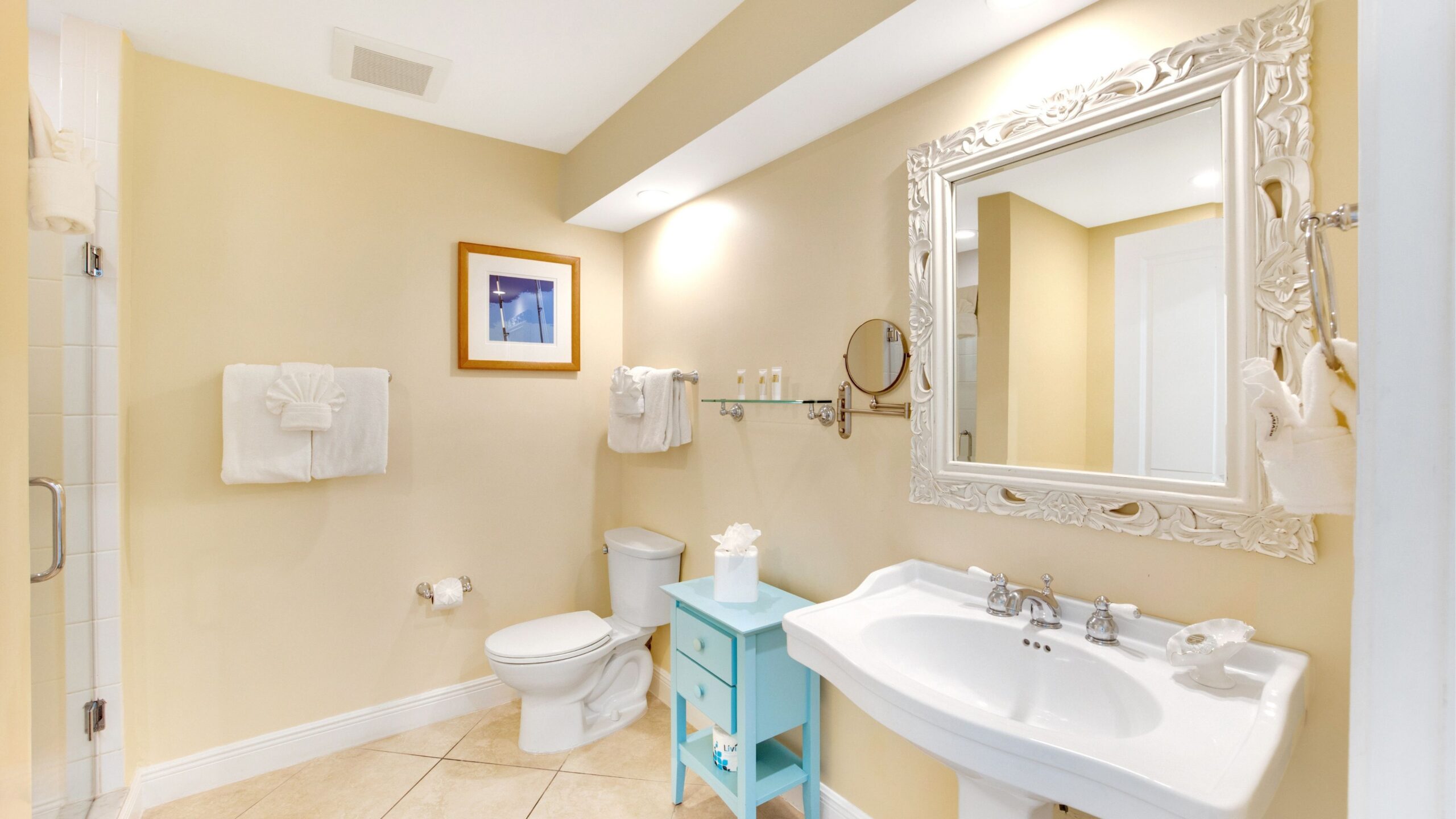 Private bathroom of a Tropical Garden Double Queen Hotel Room at Tranquility Bay Beachfront Resort, in the Florida Keys.
