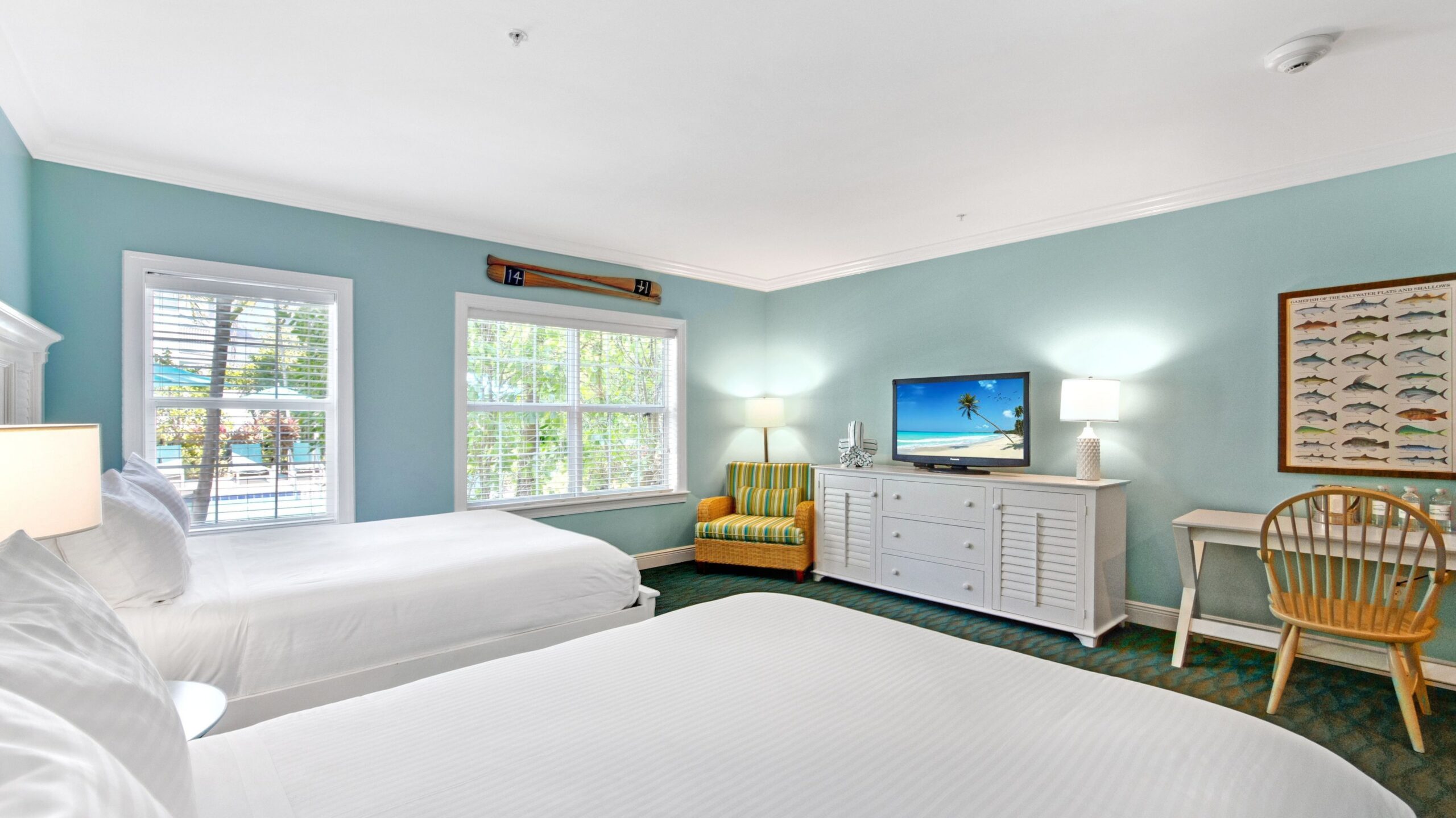 Tropical Garden Double Queen bedroom at Tranquility Bay Beachfront Resort, in the Florida Keys.