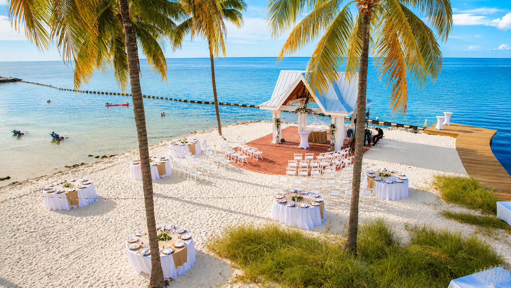 aerial view of event set up on beachfront at Tranquility Bay