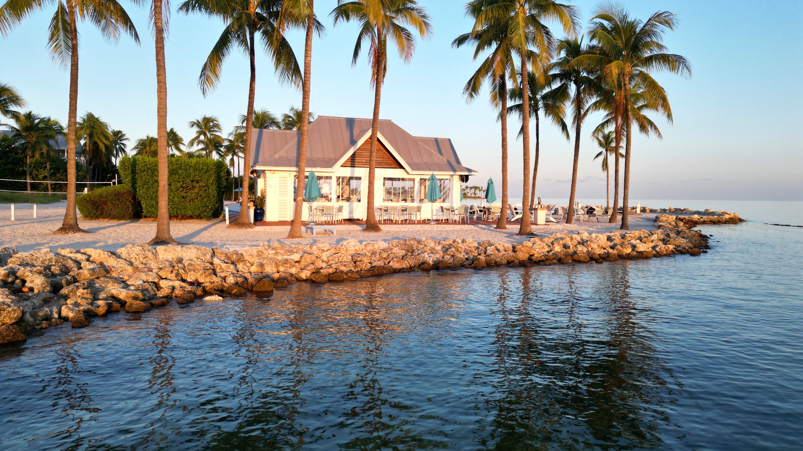TJ's Tiki Bar at sunset, located at Tranquility Bay Beachfront Resort, in Marathon, FL.