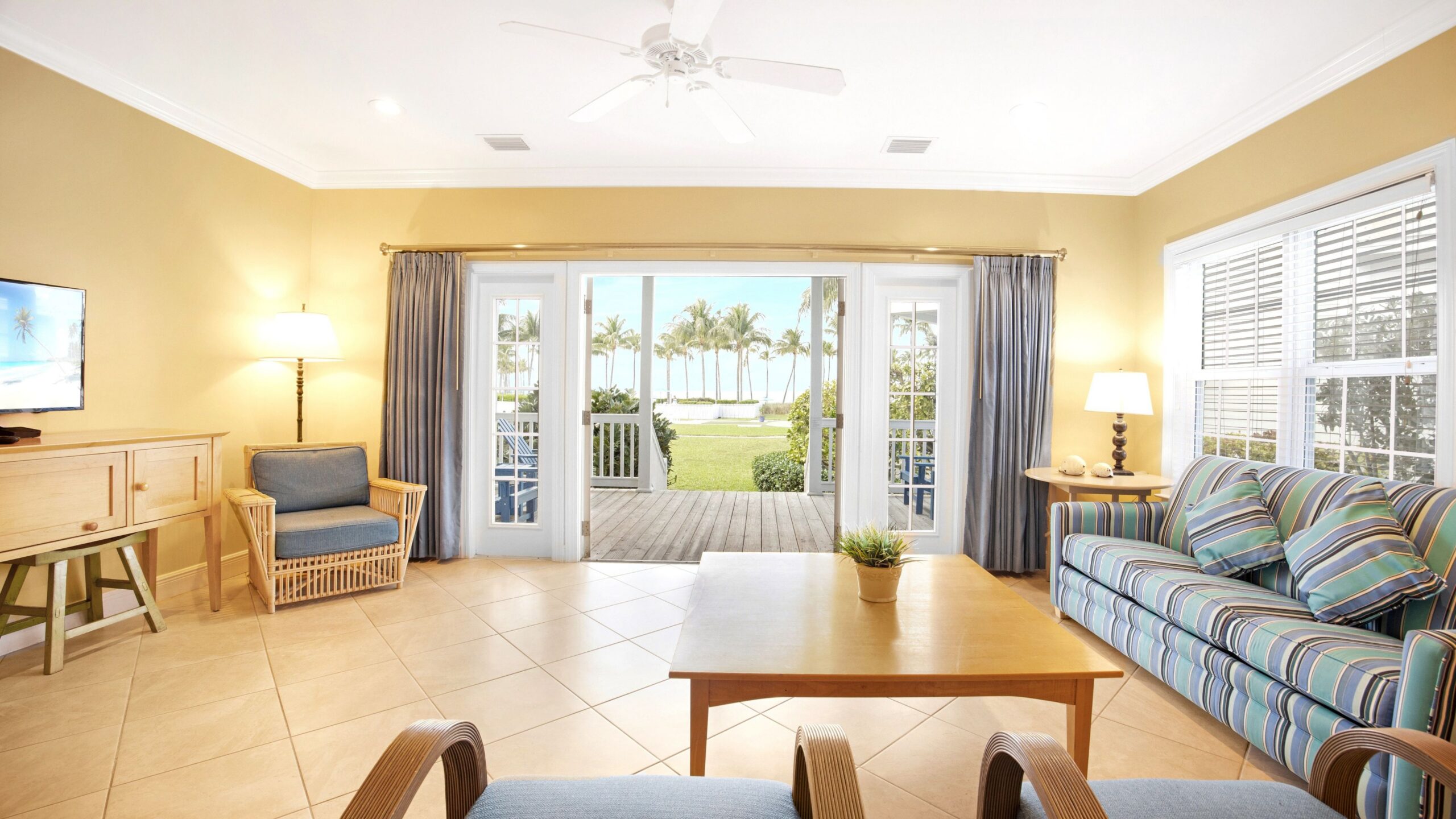 Open concept living area of a 3-Bedroom Waterview Villa at Tranquility Bay Beachfront Resort, in the Florida Keys.