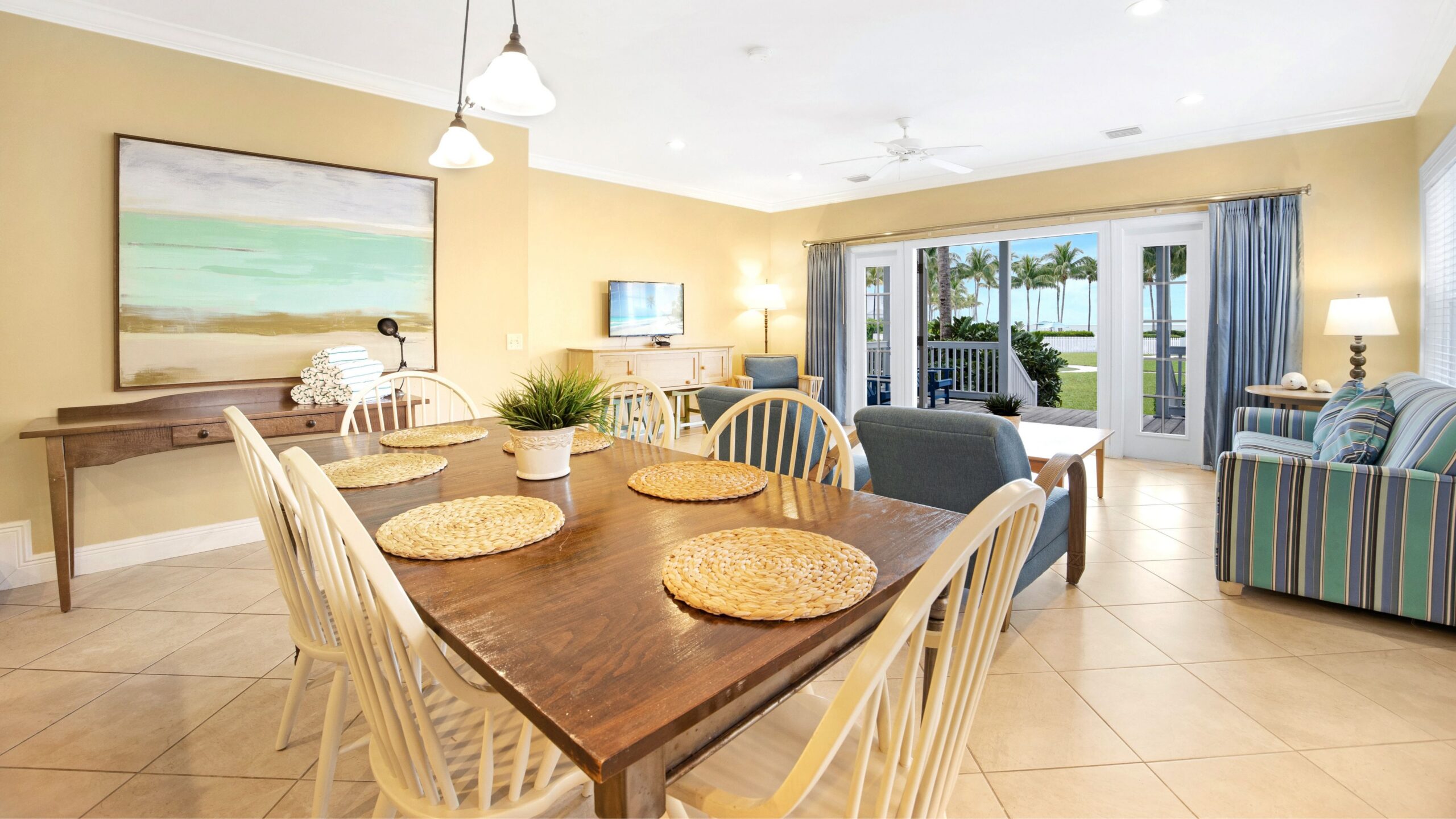 An open concept living area in a 3-Bedroom Waterview Villa at Tranquility Bay Beachfront Resort, in Marathon, FL.
