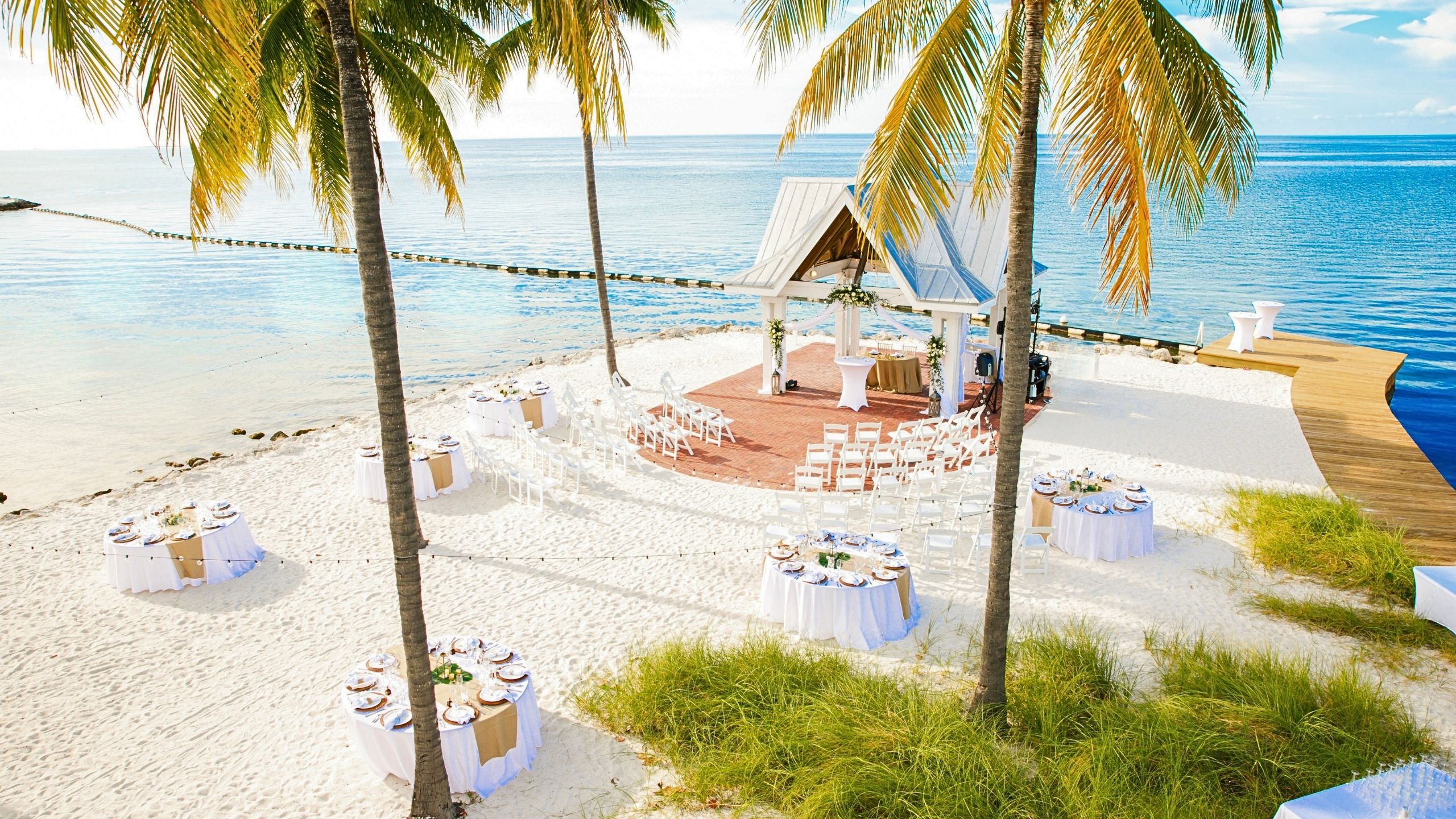 An aerial view of a wedding set up on the beach at Tranquility Bay Beachfront Resort, in the Florida Keys.
