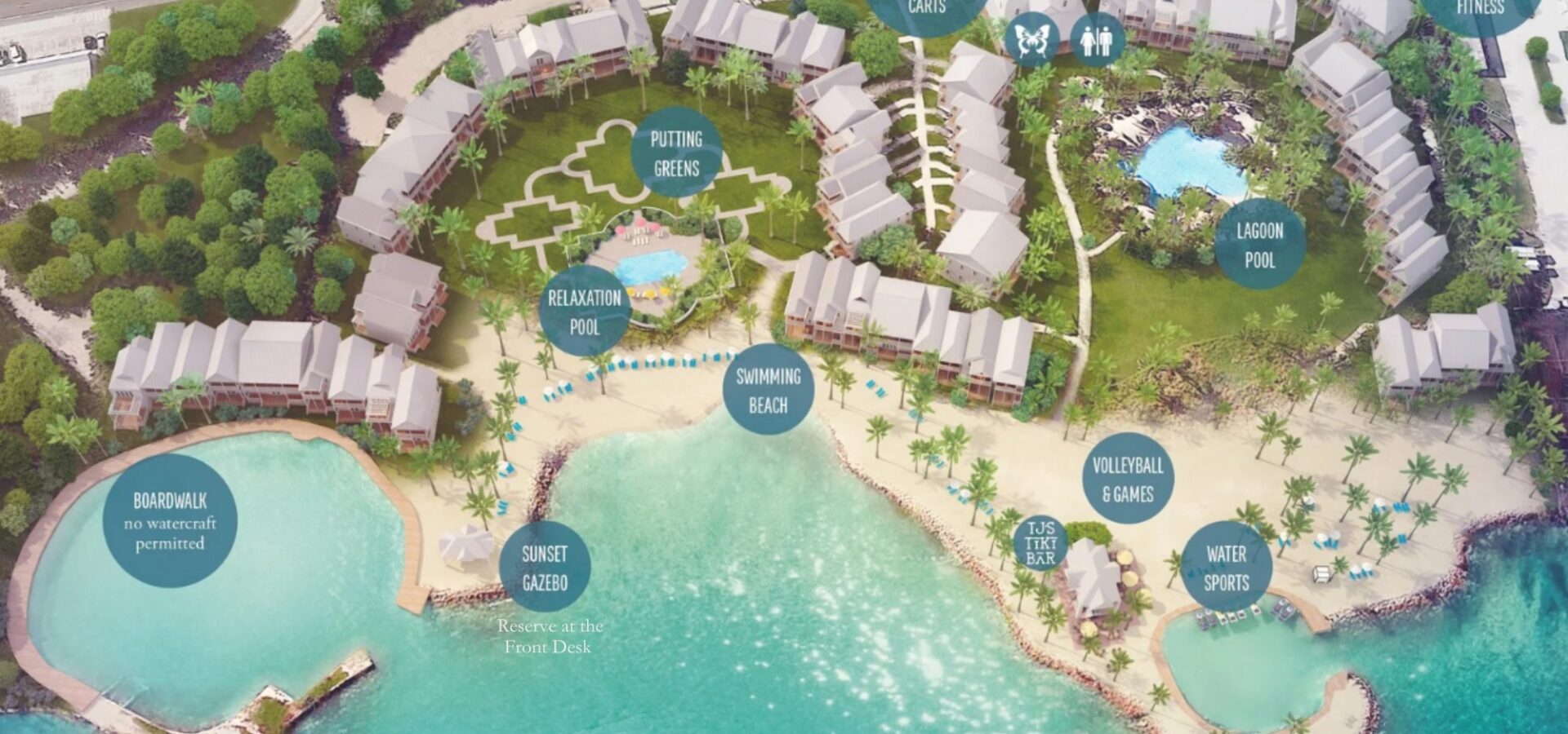 a map of the resort grounds that shows where the beach, accommodations, dining, watersports and other amenities are.