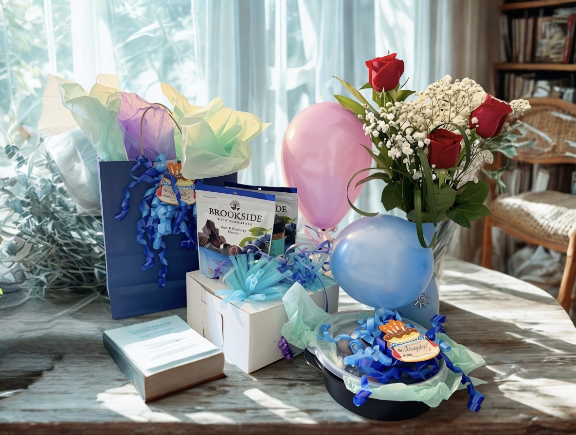 a surprise gift package with balloons and snacks