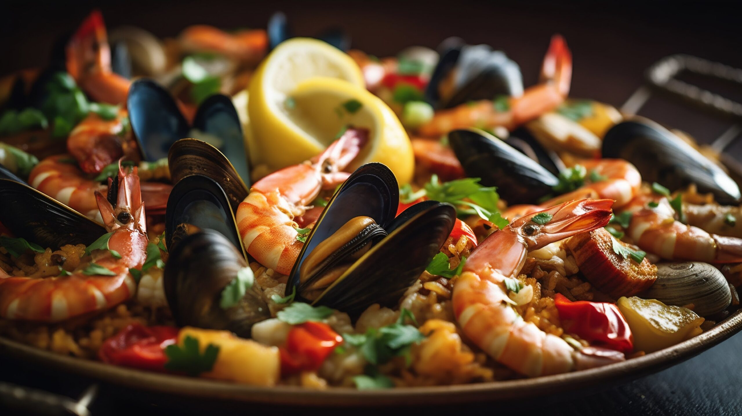Close-up of seafood paella with shrimp, mussels, red peppers and lemon